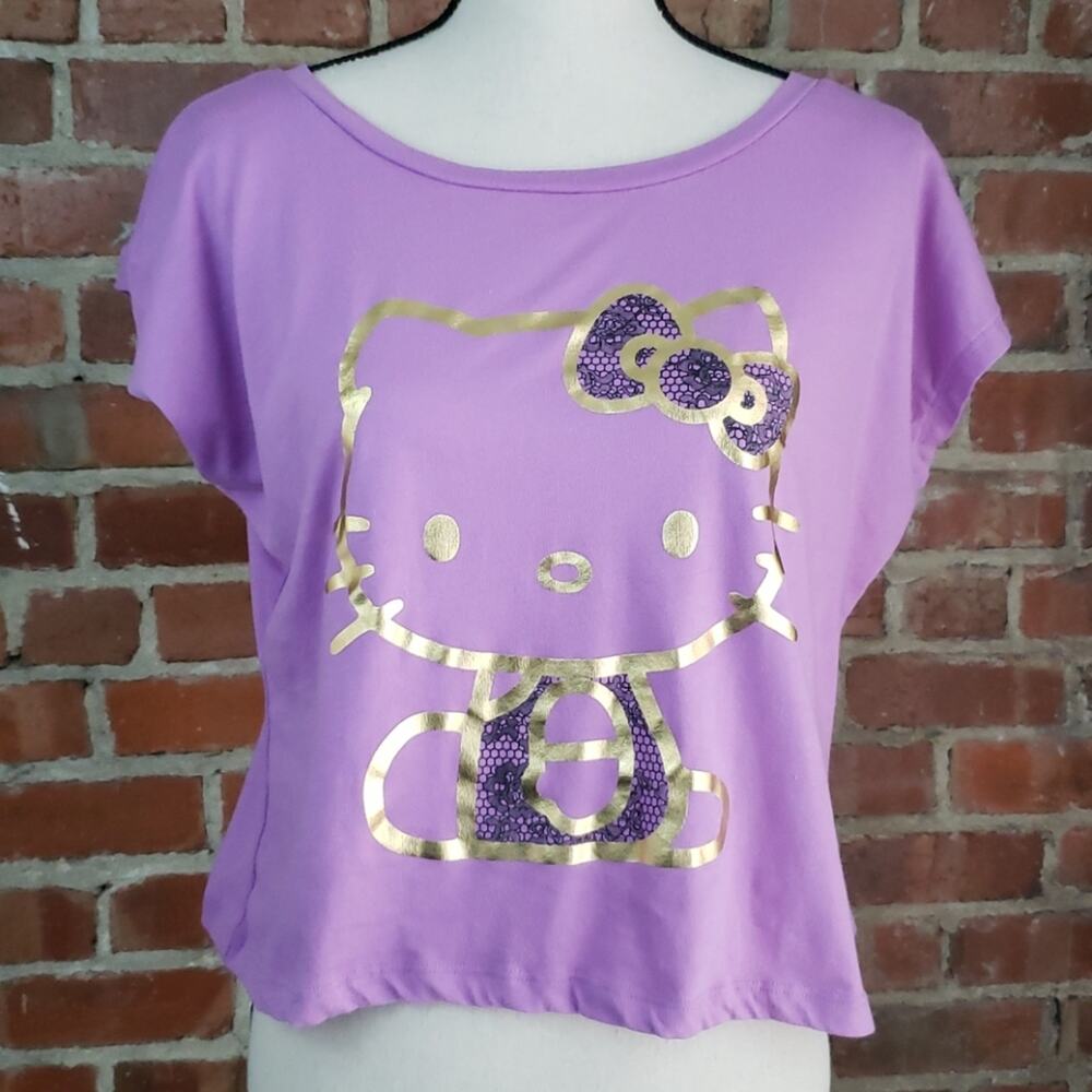 Sanrio Hello‎ Kitty purple short sleeve cropped shirt gold metallic print XS